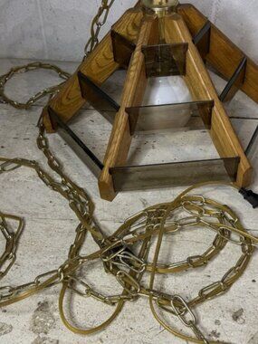 NEW! NOS 1970s Vintage Pendant Light Swag Lamp Hanging Wood Smoked Beveled Glass